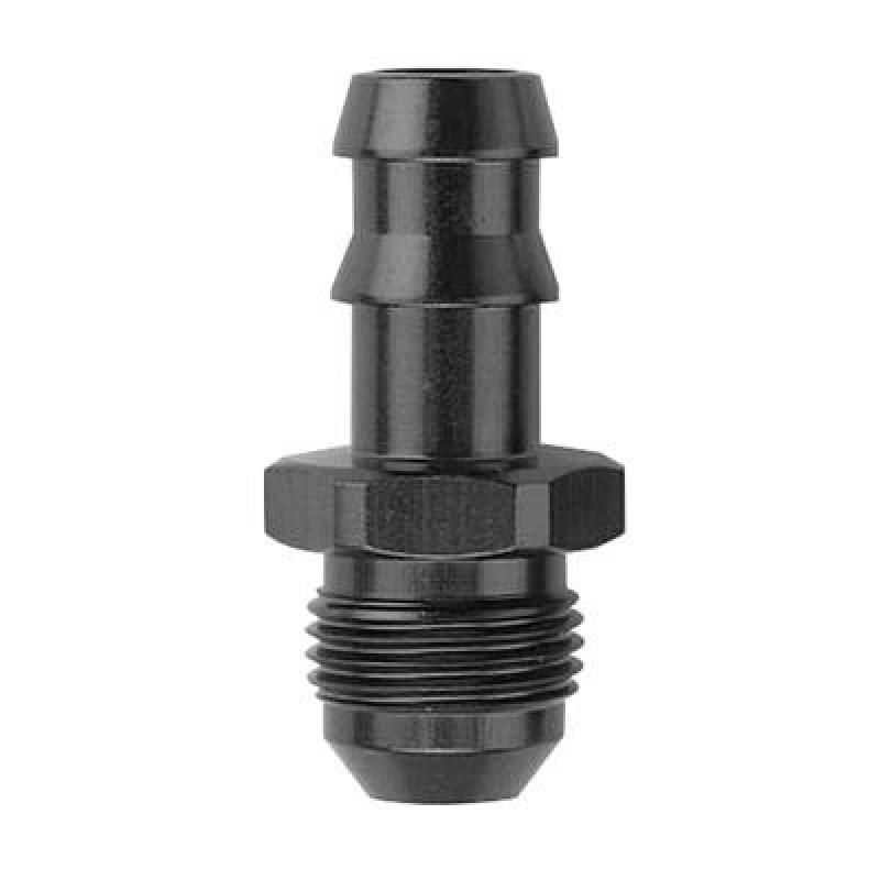 Fragola black -6AN x 3/8 inch hose barb fitting showing the threaded metal connector and barbed end for hoses.