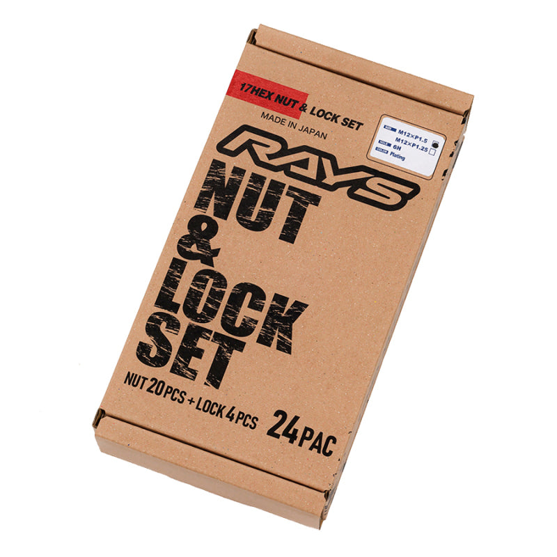 Rays black M12x1.50 6-hole lug nut and lock set, 24-piece, for vehicle wheel security and styling.