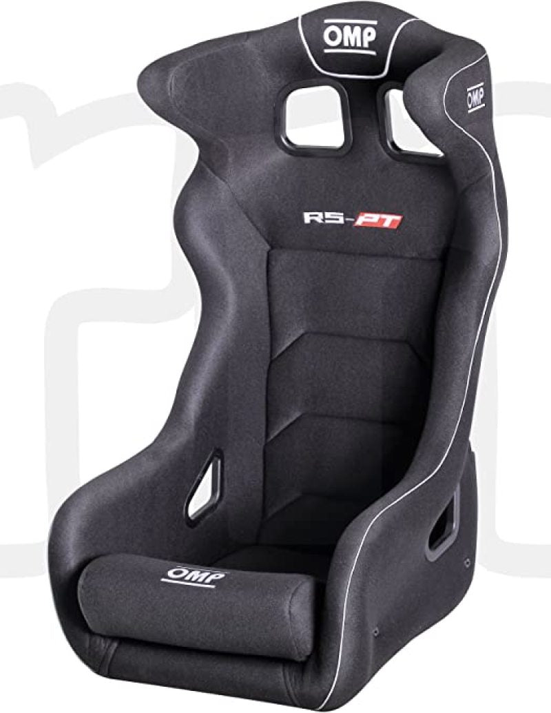 Black OMP RS-PT2 racing seat with supportive design and high-quality upholstery, ideal for motorsport and racing applications.