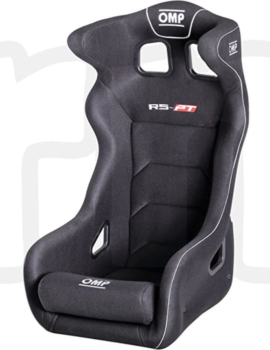 Black OMP RS-PT2 racing seat with supportive design and high-quality upholstery, ideal for motorsport and racing applications.
