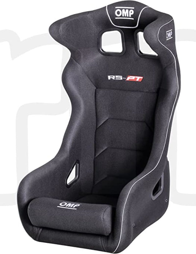 Black OMP RS-PT2 racing seat with supportive design and high-quality upholstery, ideal for motorsport and racing applications.