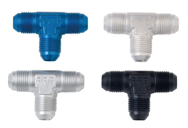 Black Fragola -6AN Tee fitting showing threaded ends and smooth black finish for hydraulic or fuel line connections.
