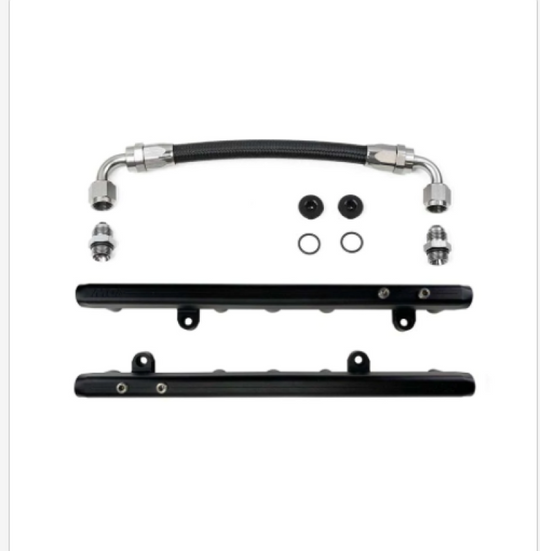 DeatschWerks Chevrolet LS2/LS3 fuel rails with crossover, metal engine fuel rails for LS engines, detailed close-up image.