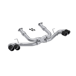 MBRP axle back exhaust for Chevrolet Corvette C8 2020-2023 with quad split rear exit and carbon fiber tips, made of T304 stainless steel.