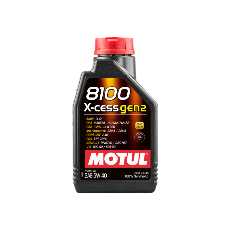 Motul 1L Synthetic Engine Oil 8100 5W40 X-CESS GEN2 bottle, motor oil container for vehicle engine lubrication