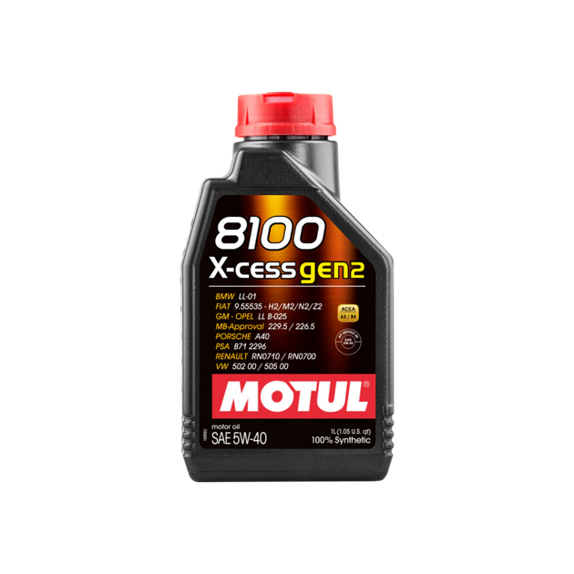 Motul 1L Synthetic Engine Oil 8100 5W40 X-CESS GEN2 bottle, motor oil container for vehicle engine lubrication