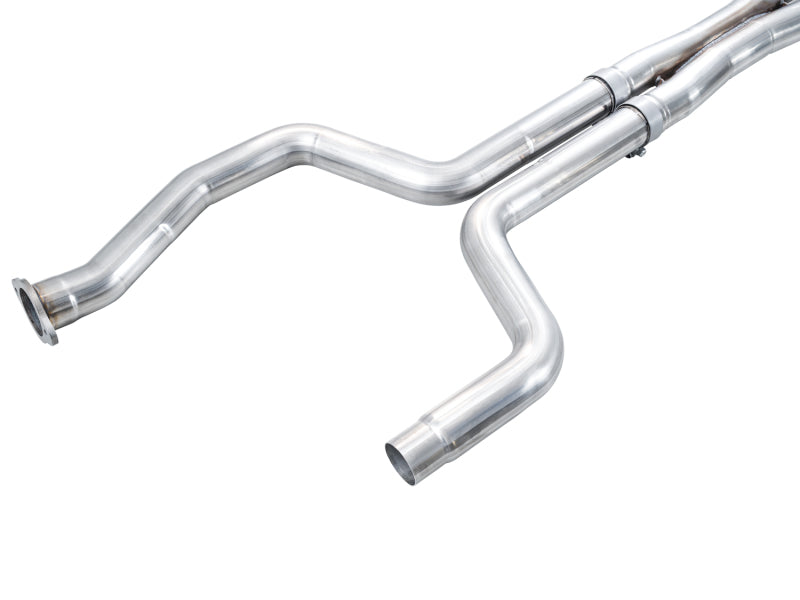 AWE Tuning Cadillac CT5-V Blackwing catback exhaust with chrome silver tips, showcasing sleek black exhaust pipes and polished tips.