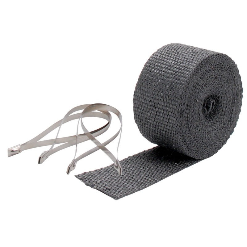 Black DEI Exhaust Wrap Kit with pipe wrap and locking tie shown, designed for wrapping exhaust pipes for heat insulation.