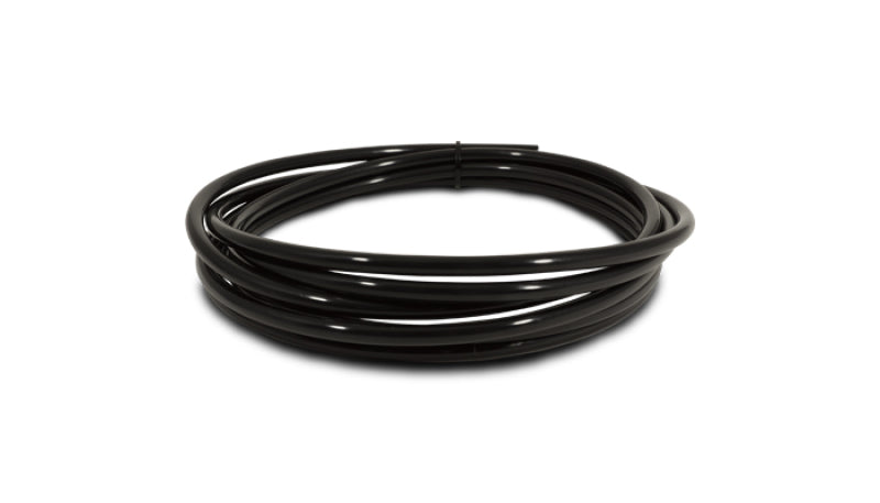 Black Vibrant 3/8 inch OD polyethylene tubing, 10-foot length, flexible hose for plumbing or irrigation applications.