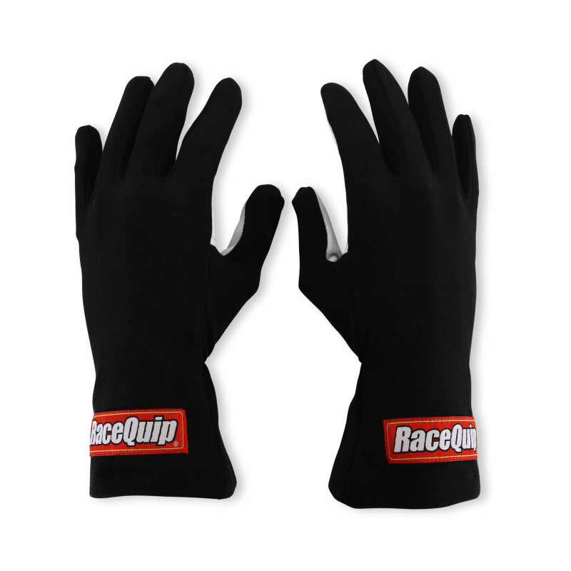 RaceQuip Black Basic Race Glove in medium size, showing durable racing gloves with black fabric and reinforced palms.