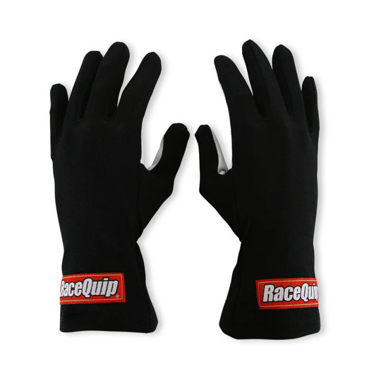 RaceQuip Black Basic Race Glove in medium size, showing durable racing gloves with black fabric and reinforced palms.