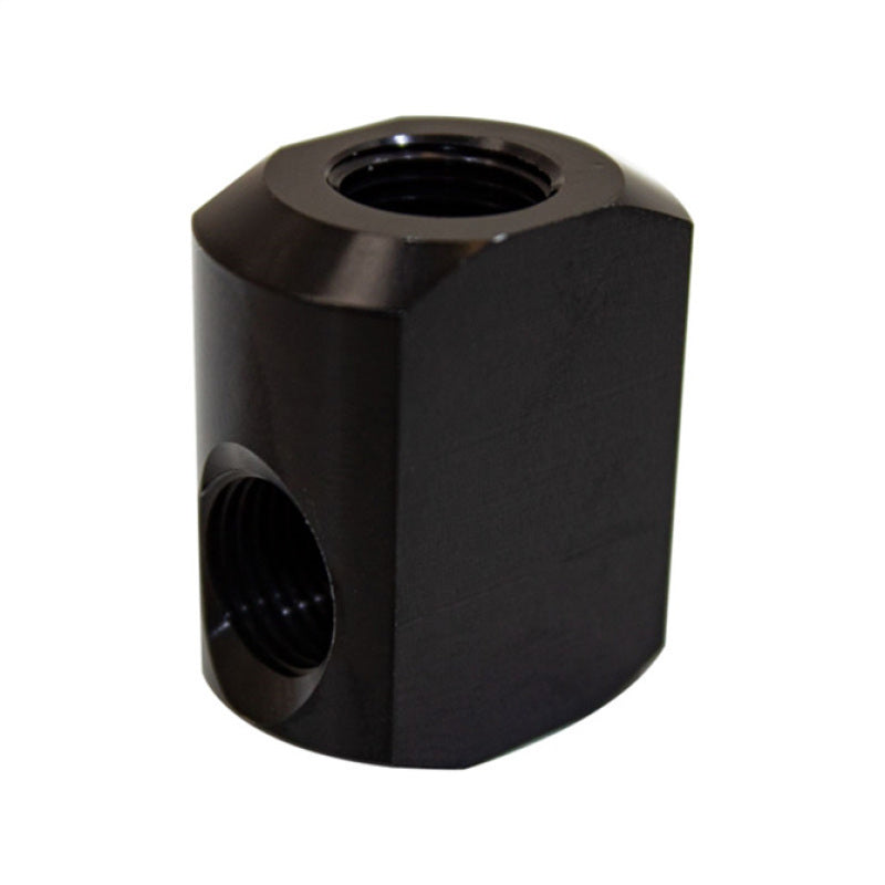 Snow Performance 90-degree water nozzle holder for water meth nozzles, made of durable metal with mounting features.