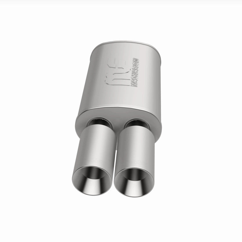 MagnaFlow stainless steel muffler with tip, 14x5x8 inches, featuring dual outlet pipes and polished finish for automotive exhaust system.