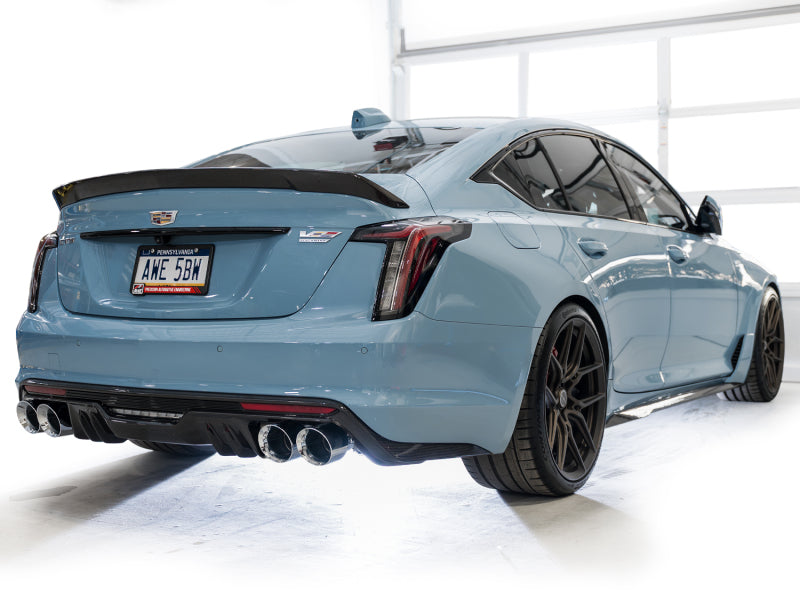 AWE Tuning Cadillac CT5-V Blackwing catback exhaust with chrome silver tips, showcasing the sleek, polished exhaust system design.