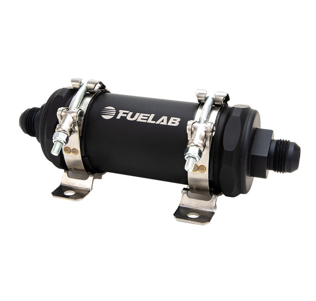 Fuelab PRO Series inline fuel filter with 12AN fittings, 100 micron stainless steel mesh, matte black finish, 10 GPM flow capacity.