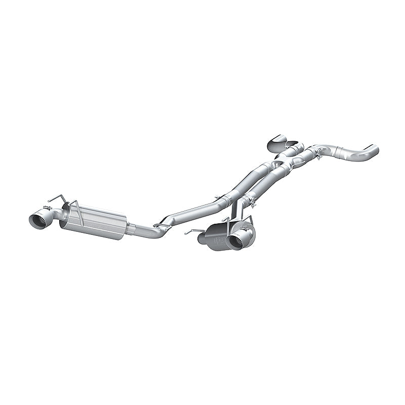 MBRP catback exhaust system with dual round tips for 2010 Chevy Camaro V6 3.6L, showcasing polished chrome tips and exhaust pipes.
