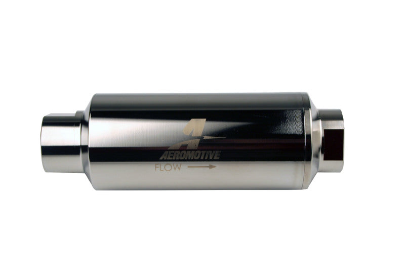 Aeromotive Pro-Series in-line fuel filter with ORB-12 fitting and 10-micron microglass element for clean fuel filtration.