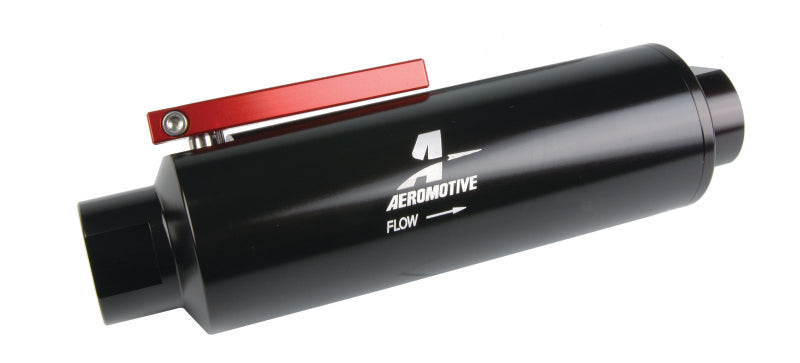 Aeromotive in-line AN-12 fuel filter with shutoff valve, 100 micron stainless steel element, black anodize finish, automotive fuel filtration