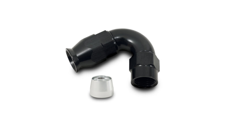 Vibrant -8AN 120-degree hose end fitting for PTFE lined hose, displayed with detailed metal construction and angled design.