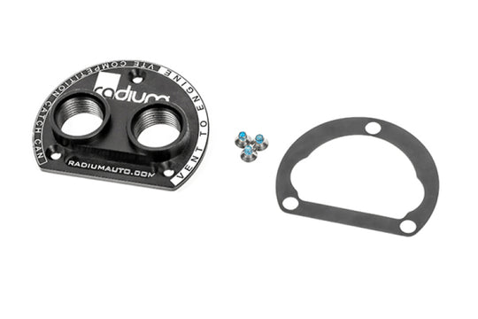 Radium Engineering VTA to VTE competition catch can adapter with 10AN orb ports for oil catch can systems.