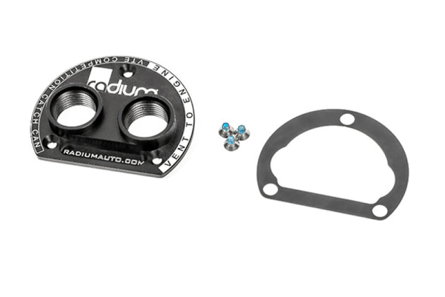 Radium Engineering VTA to VTE competition catch can adapter with 10AN orb ports for oil catch can systems.