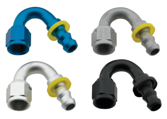Black Fragola -6AN Push-Lite End Fitting with 150-degree angle, designed for high-performance fluid connections.