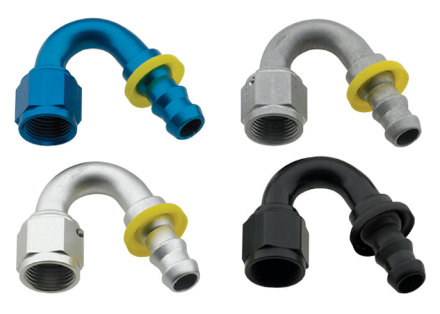 Black Fragola -6AN Push-Lite End Fitting with 150-degree angle, designed for high-performance fluid connections.
