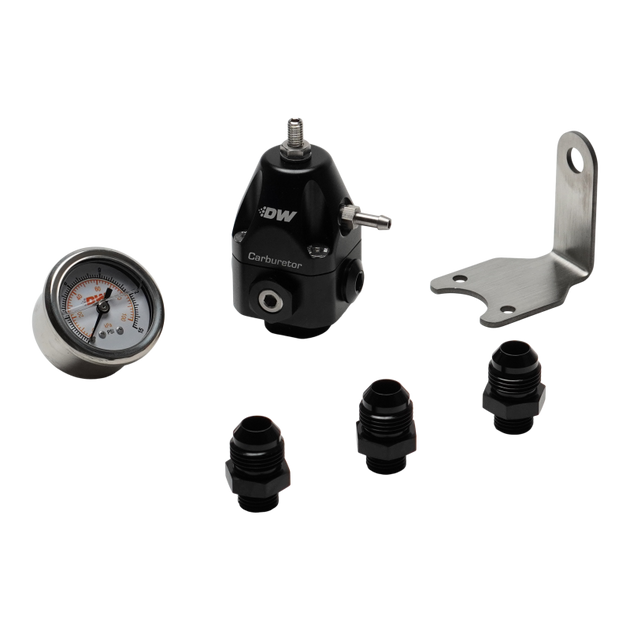 DeatschWerks DWR550C adjustable fuel pressure regulator with 8AN fittings and gauge, designed for performance automotive applications.