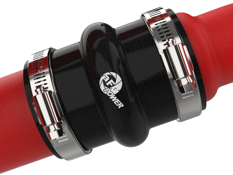 aFe BladeRunner aluminum hot and cold charge pipe kit in red for Ford F-150 V6 2.7L intercooler system, front view with polished finish