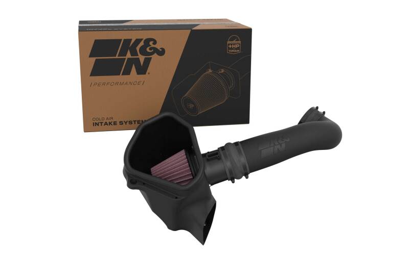 K&N Engineering cold air intake system for Cadillac CT5 6.2L V8 engine, showing the high-performance air filter and intake tubing.
