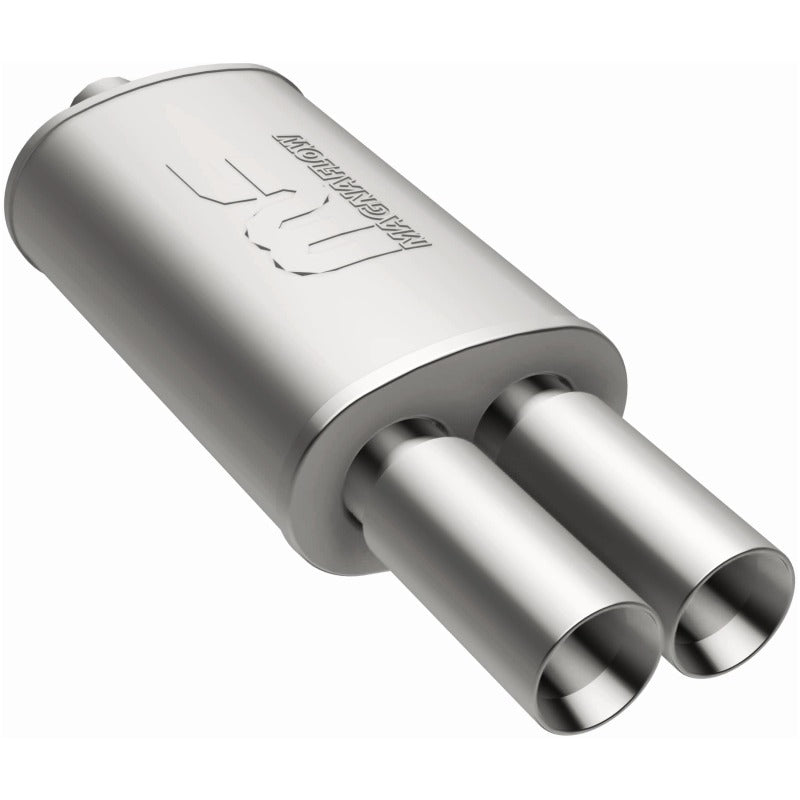 MagnaFlow stainless steel muffler with tip, 14x5x8 inches, featuring dual inlet and outlet pipes for automotive exhaust system.