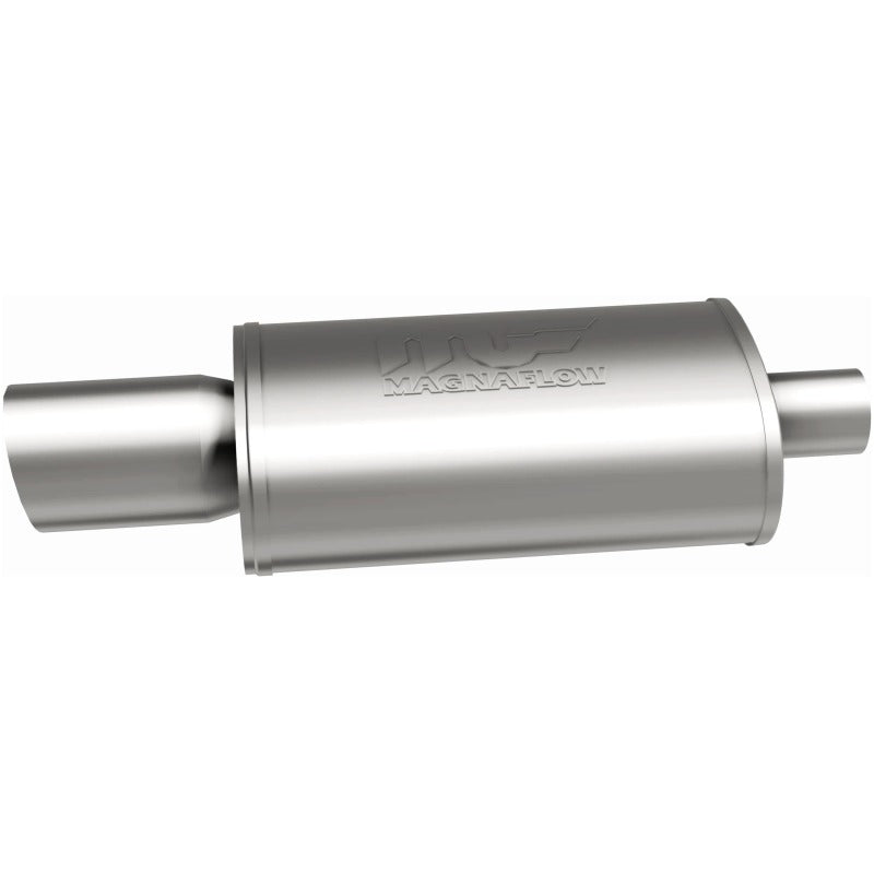 MagnaFlow stainless steel muffler with tip, 14x5x8 inches, featuring dual inlet/outlet pipes, designed for vehicle exhaust systems.