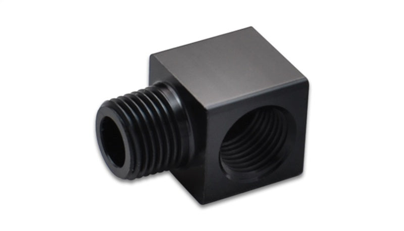 Vibrant 1/8 inch NPT female to male 90-degree adapter fitting, showing threaded metal connections for plumbing or pneumatic use.