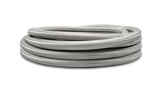 Vibrant stainless steel braided flex hose -10 AN, 150-foot roll, durable industrial-grade hose for fluid transfer applications.