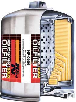 K&N Engineering Chevy, Pontiac, GMC, Buick performance gold oil filter showing the brand logo and filter details.