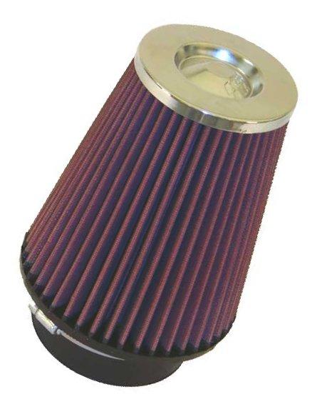 K&N Universal 3-inch Flange air filter with polished top, 6-inch base, 5 1/4-inch top, and 5-inch height for drop-in engine air intake