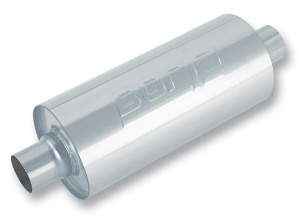 Borla oval XR-1 multi-core racing muffler with 3-inch inlet and outlet, black metal finish, and compact size.