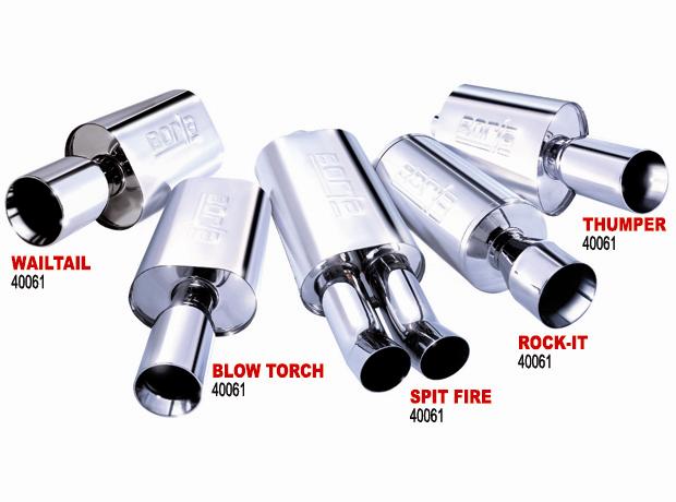 Borla Boomer muffler with oval inlet and round outlet, featuring a 2-1/4 inch inlet and 4 inch side outlet, for vehicle exhaust.