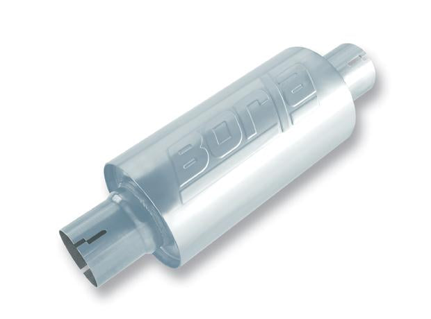 Borla Universal S-type 2.5-inch inlet and outlet muffler with polished stainless steel finish, designed for vehicle exhaust systems.