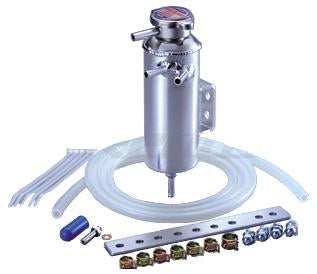 GReddy Universal Breather Tank in black with mounting bracket, designed for automotive ventilation systems.