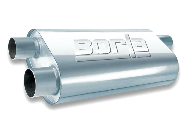 Borla ProXS muffler with 3-inch inlet and dual 2.25-inch oval outlets, showcasing the stainless steel design and dual outlet configuration.