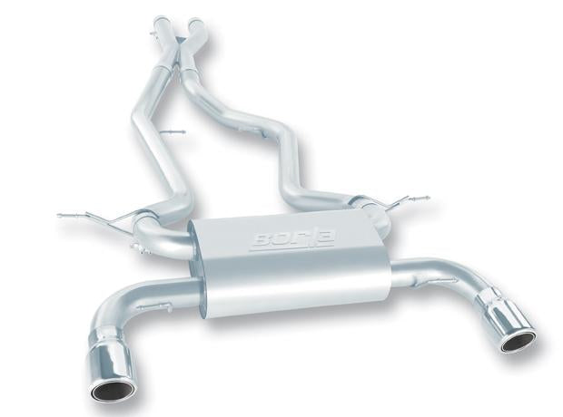 Borla catback exhaust system for 2016 Cadillac ATS-V with dual 4-inch tips and split rear exit, showcasing twin turbo performance.
