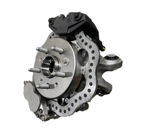 LMP Cadillac CT5-V Blackwing 15-inch brake adapters for conversion, shown in black with mounting holes, on a white background.